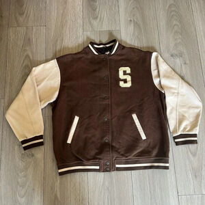Color-block Baseball Jacket|Bomber Jacket|Dark brown/white, Seattle, West Coast
